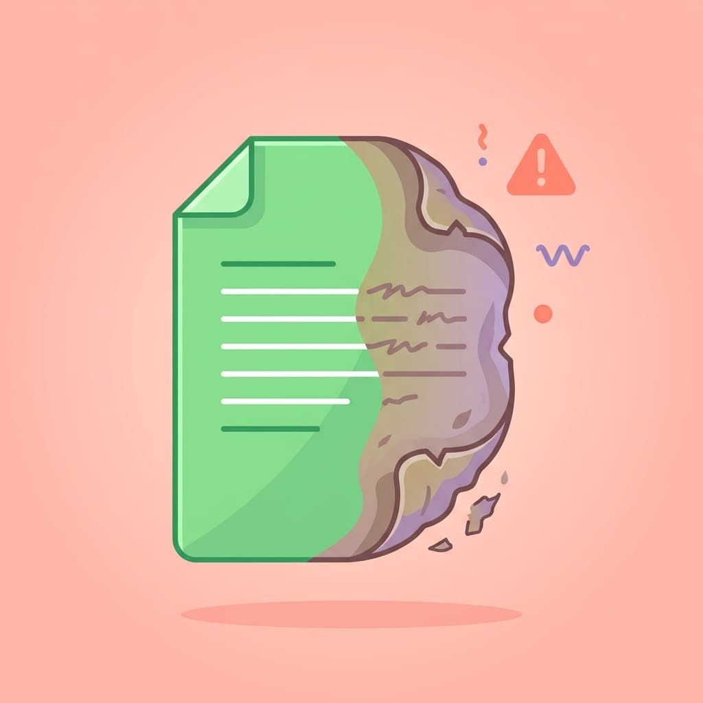 Illustration of a partially damaged green document with text, surrounded by warning symbols, against a peach background.