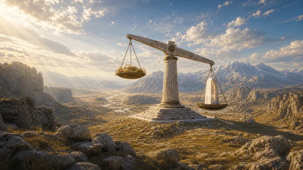 A colossal marble balance scale in a bright valley: a pan heaped with gold floats weightless while one glowing stone tips the beam.