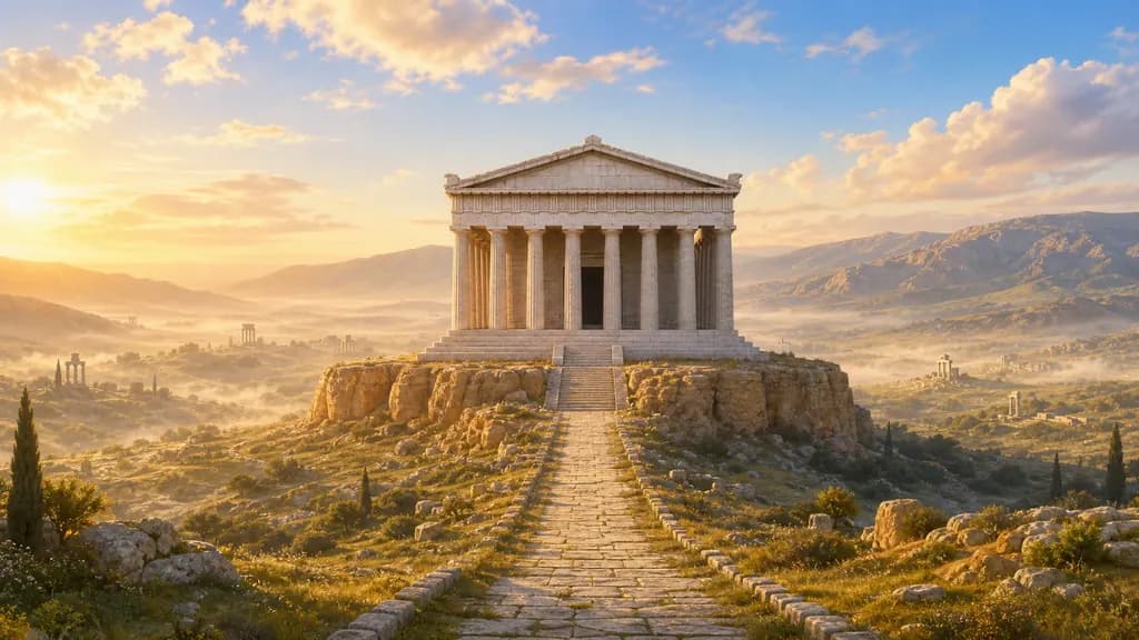A grand marble temple on solid bedrock in a sunlit valley, with small scattered ruins fading into morning haze.