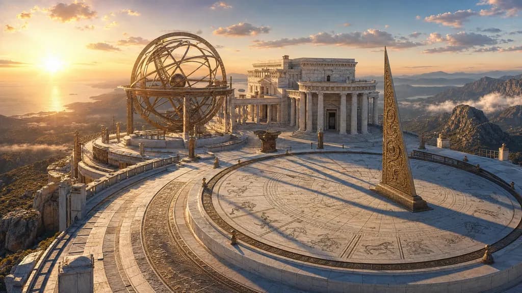 A marble observatory on a plateau at golden dawn with a giant sundial and armillary sphere.