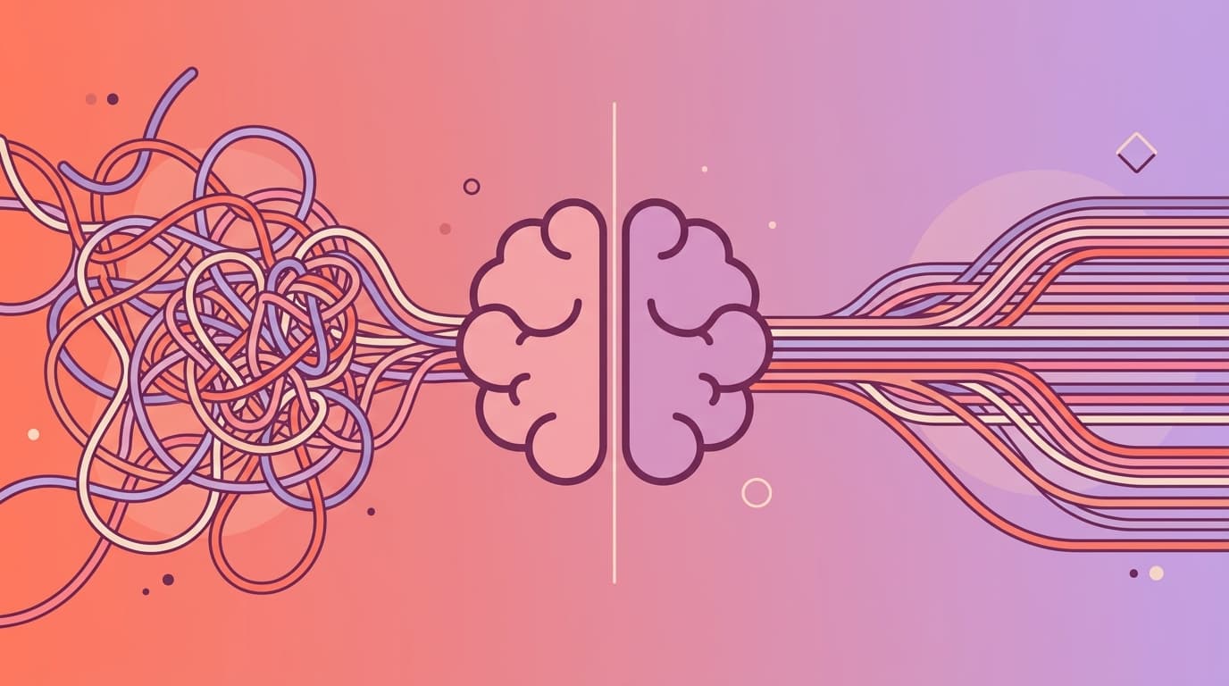 Illustration of a brain dividing chaotic tangled lines on the left and orderly parallel lines on the right, against a gradient background.