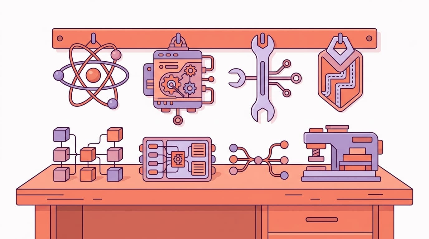 Illustration of a workbench with scientific and engineering tools, including gears, atoms, wrenches, and a microscope in pastel colors.