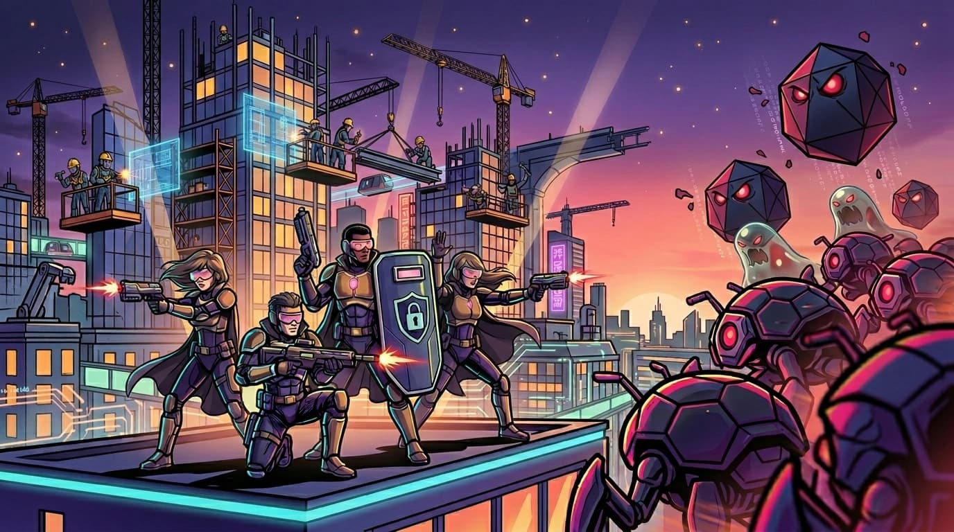 Armored defenders on a city rampart fire energy rifles at incoming bug-droids and dripping virus creatures, while engineers in hardhats build a glowing futuristic city behind them.