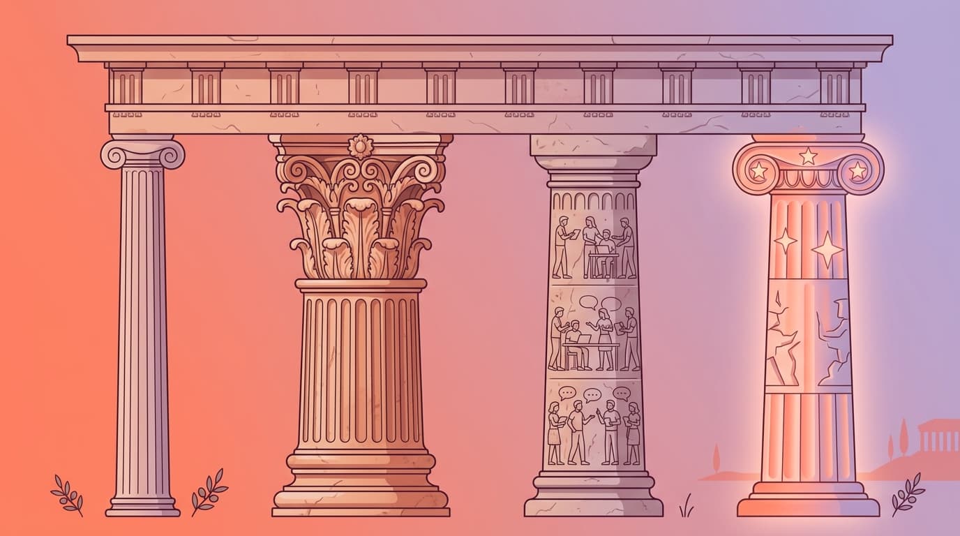 Illustration of three Greco-Roman columns: Doric, Corinthian with ornate carvings, and Ionic with star cutouts, set against a gradient background.