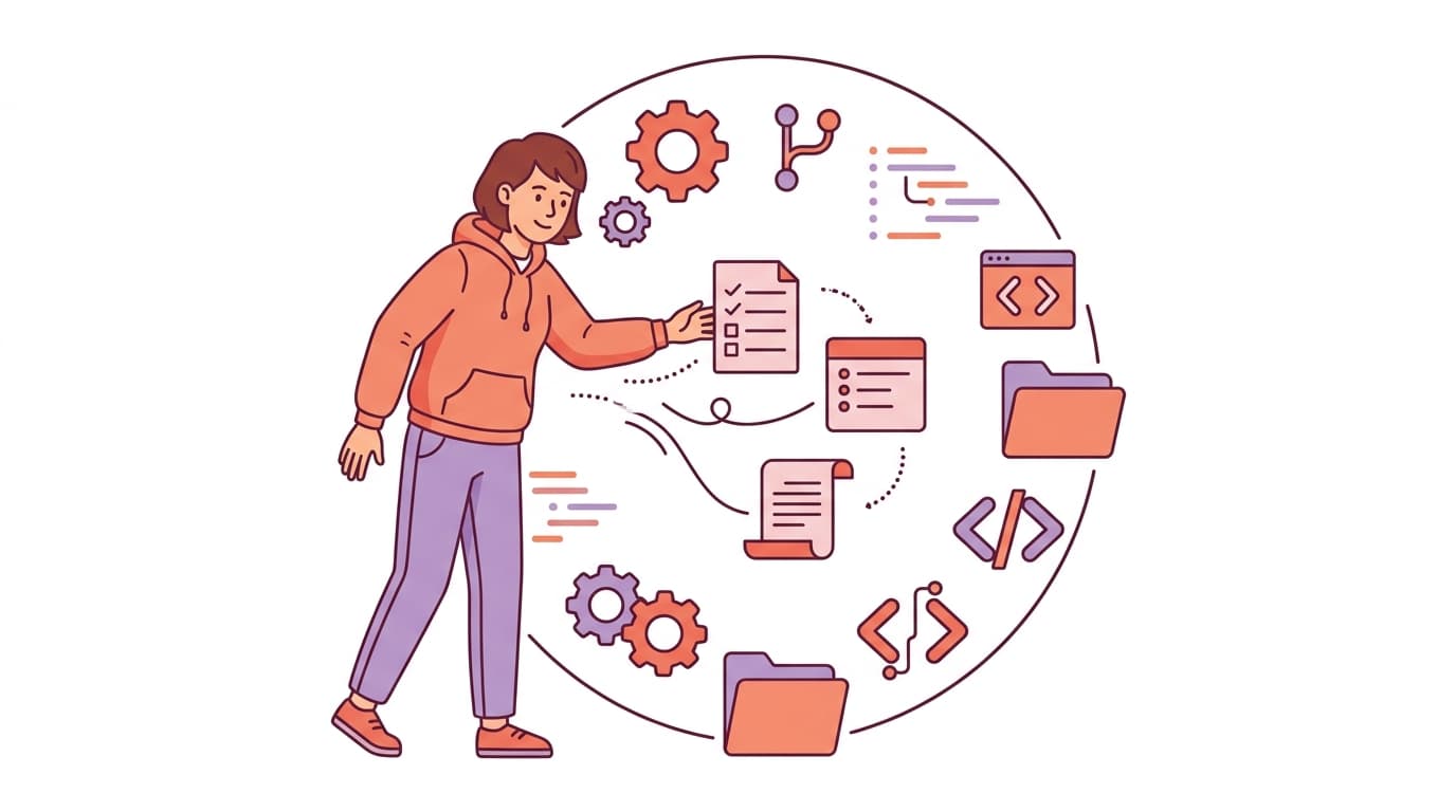 Illustration of a person touching floating tech elements like gears, code, documents, and folders, symbolizing digital interaction and development.