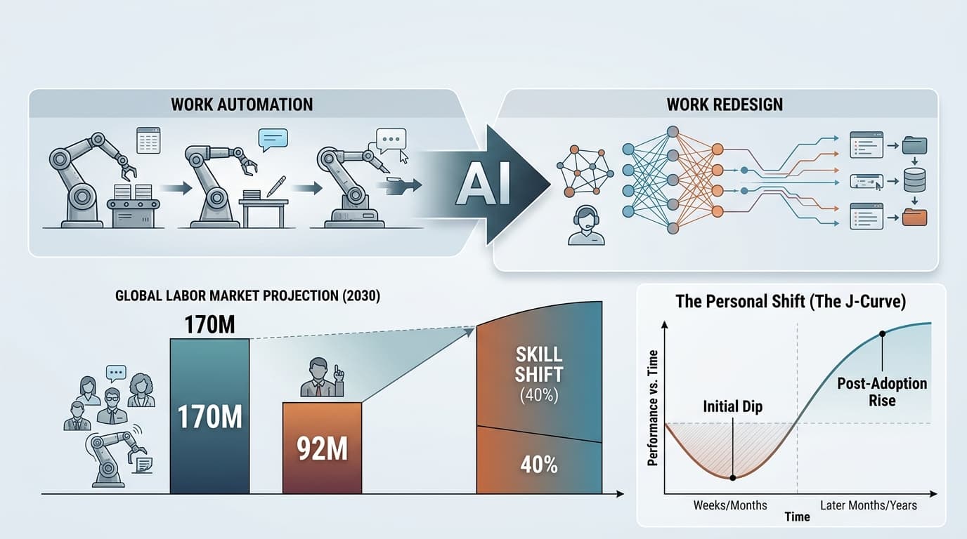 Infographic illustrating AI's role in work automation and redesign, featuring labor market projections and a J-Curve on personal shift.