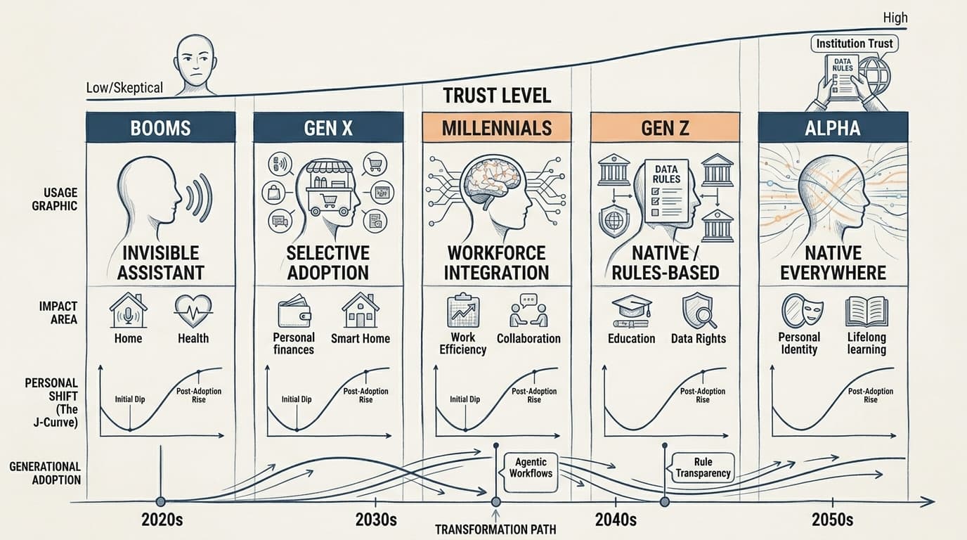 Infographic depicting generational tech adoption trends from Booms to Alpha, highlighting trust levels, usage areas, and impact over decades.