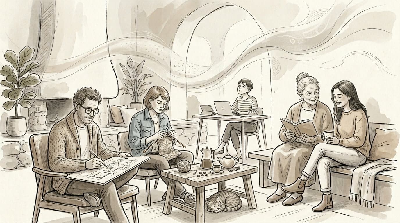 Cozy room with people engaged in various activities: drawing, crocheting, using a laptop, and reading. A cat sleeps by a coffee table.