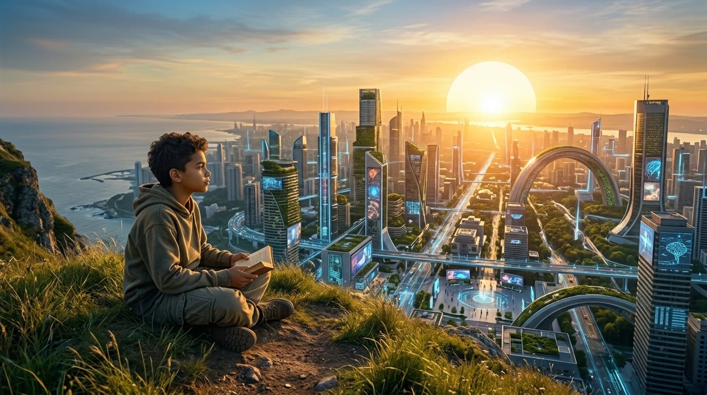 A boy sits on a hill at sunset, reading a book and overlooking a futuristic city with tall skyscrapers and glowing lights.