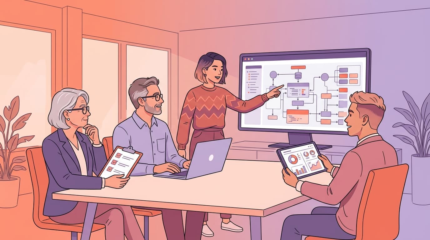 Four people in an office setting, discussing a flowchart on a screen. One presents while others hold a tablet, a clipboard, and a laptop.