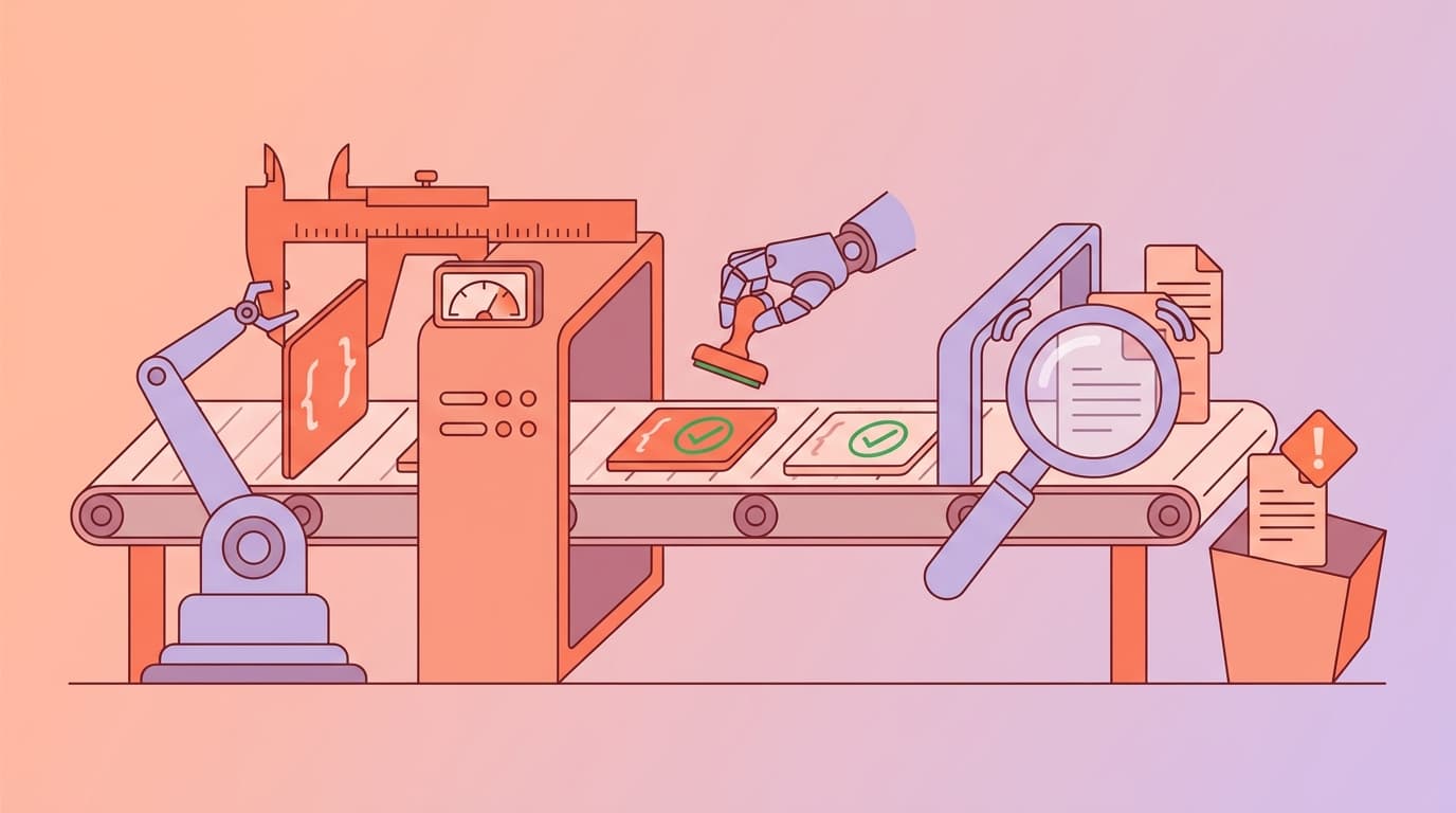 Illustration of a robotic assembly line with mechanical hands stamping documents and a magnifying glass inspecting papers.