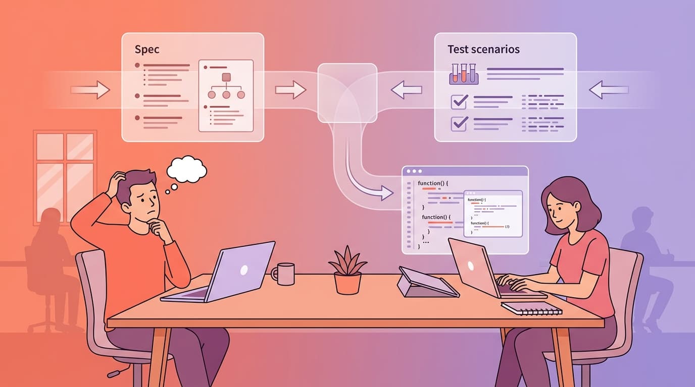 Two people at a desk with laptops contemplating software specifications and test scenarios, illustrated with flow charts and documents.
