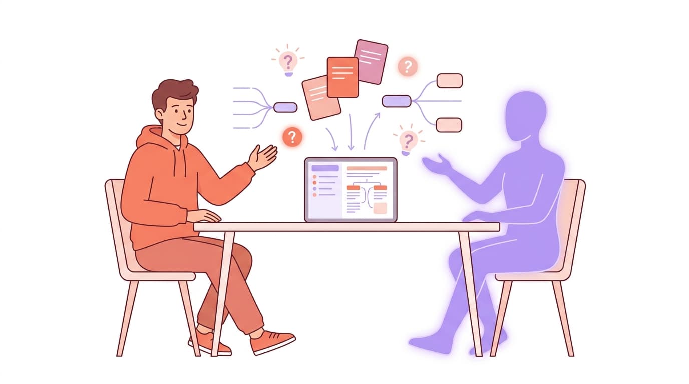 A person and an AI engage in conversation at a table. A laptop displays data, with diagrams and question marks hovering above.