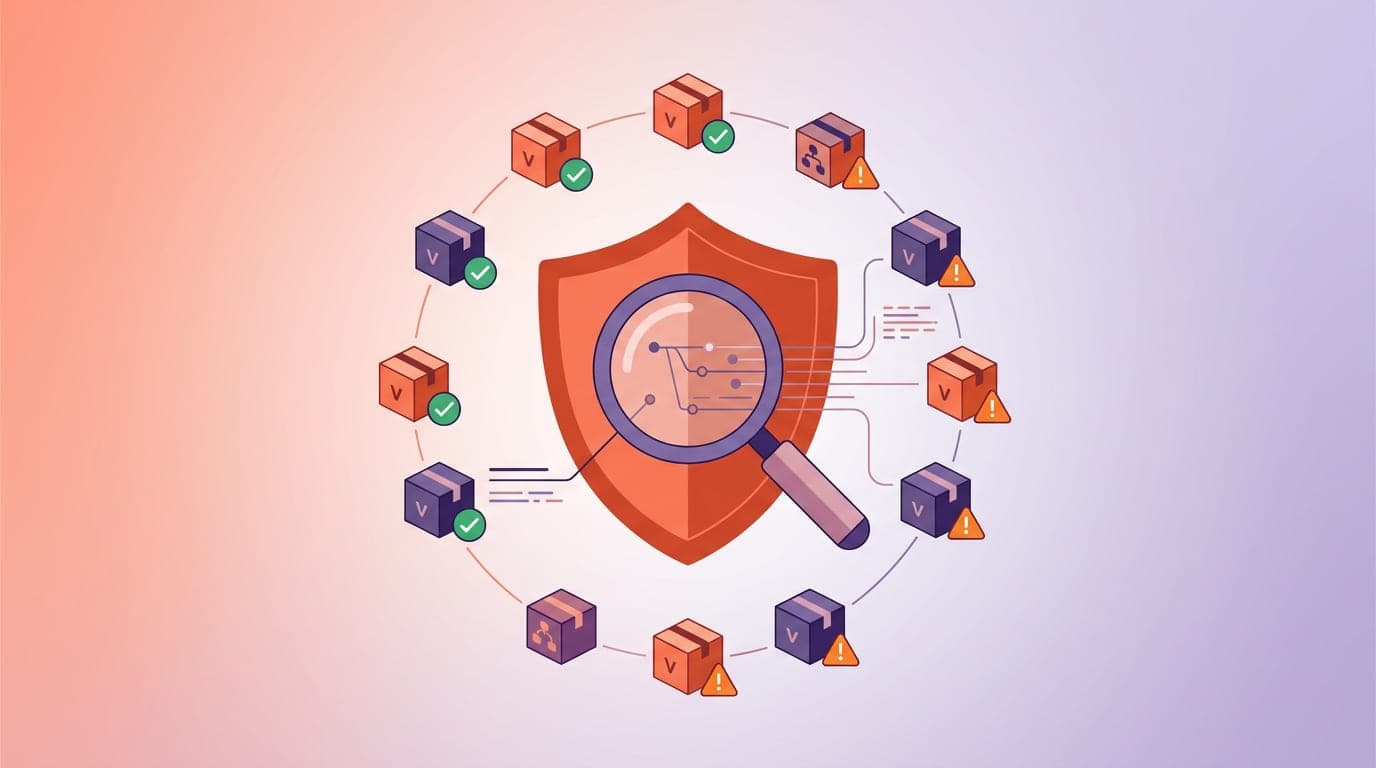 Illustration of a magnifying glass over a shield, surrounded by boxes with check marks and warning symbols, symbolizing security inspection.