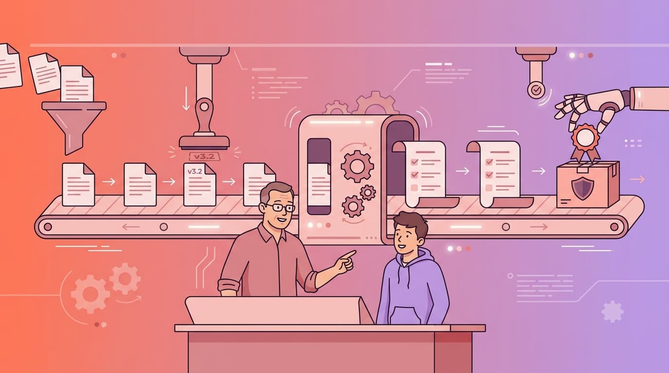 Illustration of two people at a computer, observing a high-tech conveyor belt processing documents and a robotic arm handling a box with an award.
