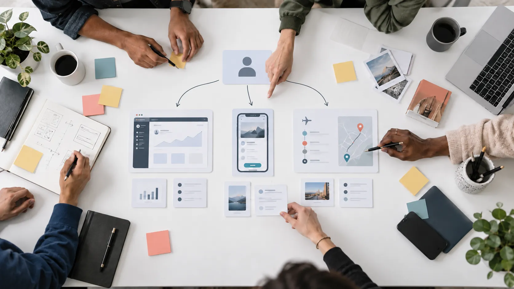 Top-down view of a design team arranging a user-goal card into dashboard, mobile, and itinerary interfaces