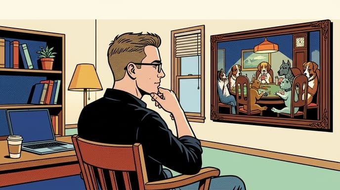 Pop-art illustration of a man in glasses and a black roll-up-sleeve shirt sitting in his home workspace with one hand on his chin, gazing across the room at a framed painting of anthropomorphic dogs playing poker around a card table.